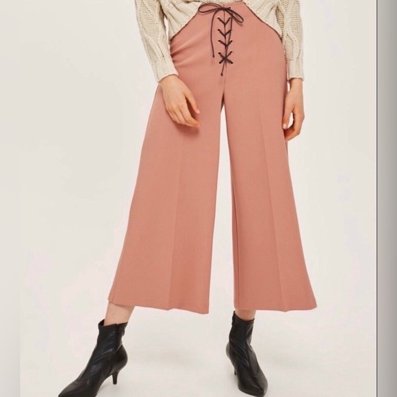 TOPSHOP Dusty Pink Lace-Up Waist Wide Leg Trousers Gauchos Culottes Size 6 - Picture 1 of 14